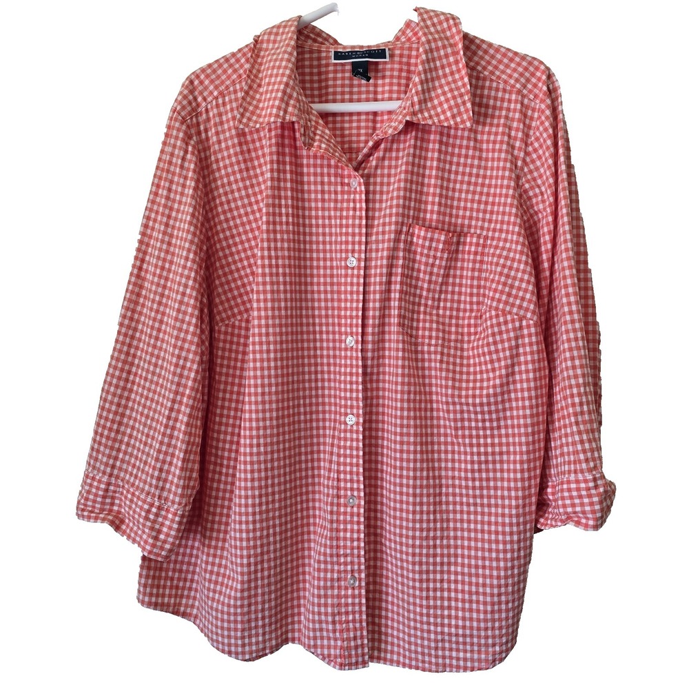 Karen Scott Women's Plus Sz 2XL Orange Gingham 100% Cotton Button Up Shirt Top
